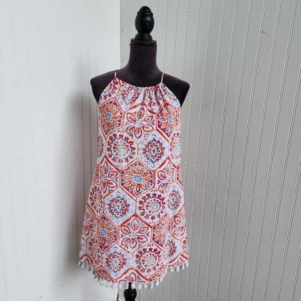 JUDE CONNALLY Dress  Geometric Orange Blue Summer Stretch Halter Sleeveles Sz S